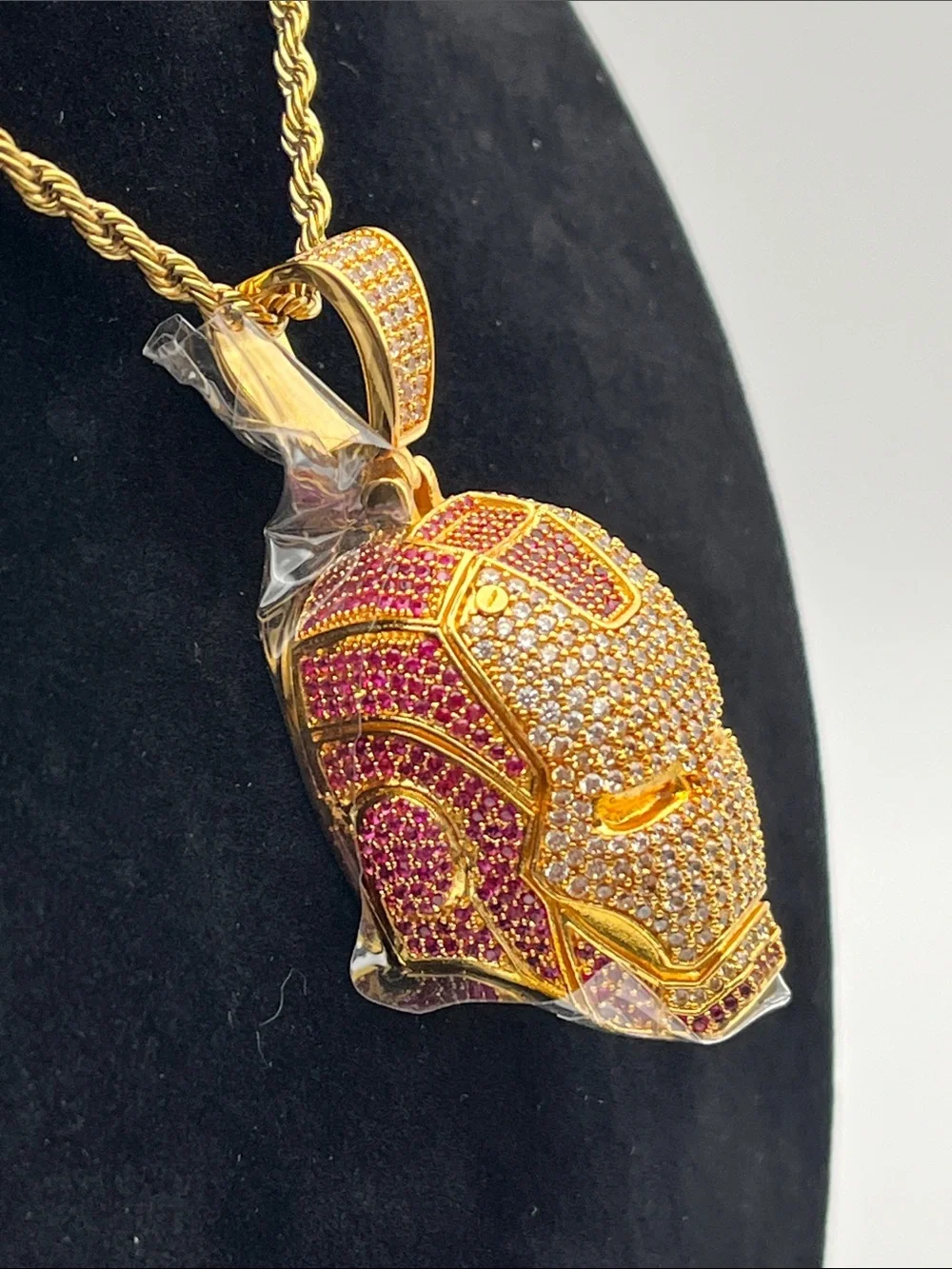 24”, Gold Iron Mask Pendant Necklace - Men's Gold Tone Statement Jewelry